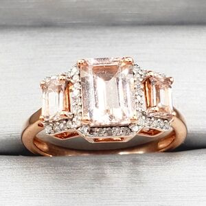 10k Solid Rose Gold Emerald Cut Morganite & Round Diamond Halo Ring